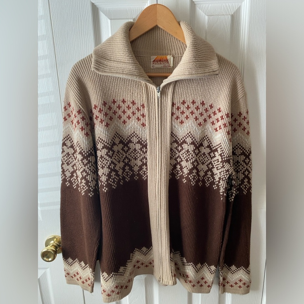 VTG DIMENSION by Milford Brown/Tan Cowichan Style Full-Zip Grandpa Sweater SZ XL
